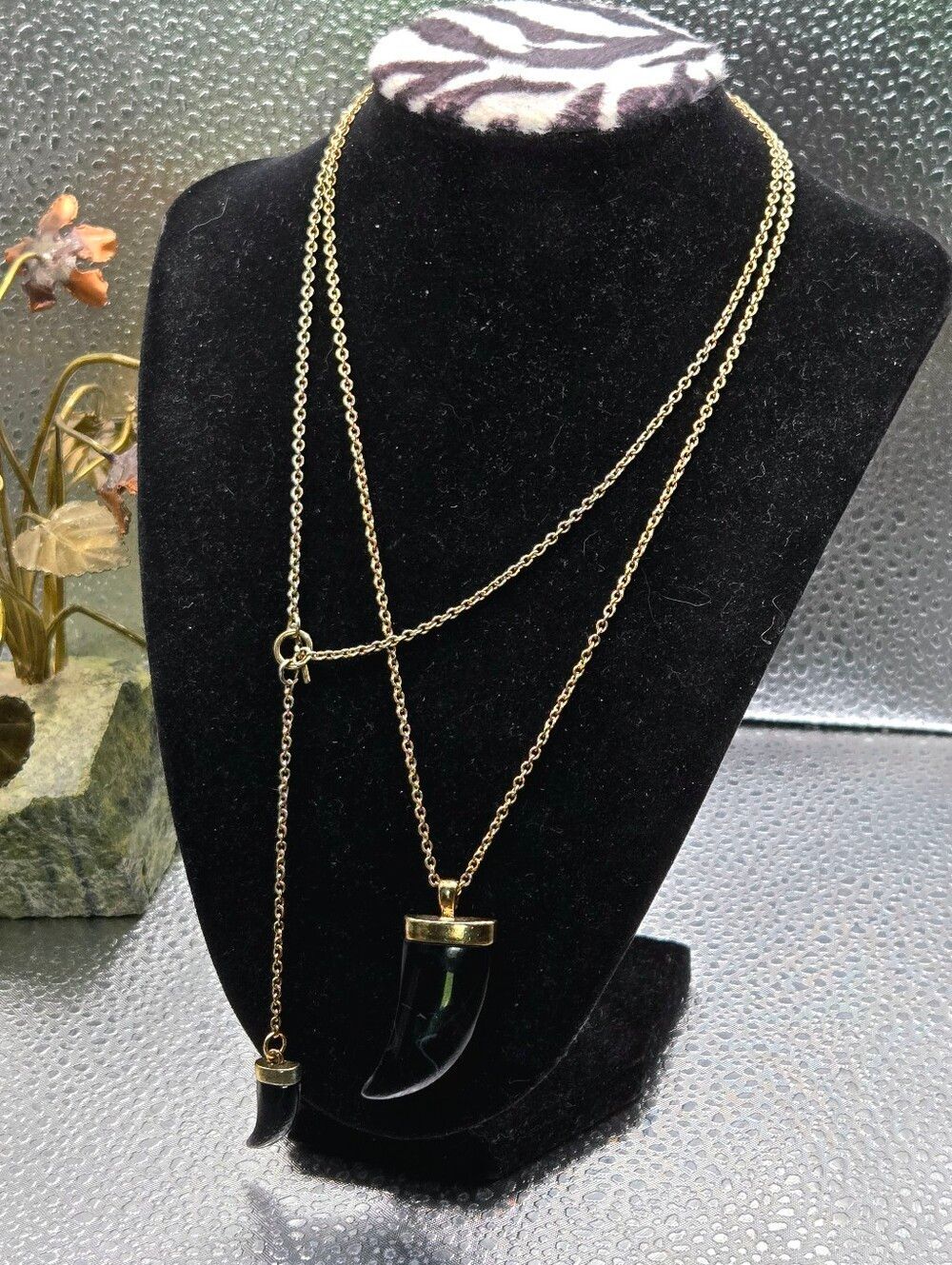 "5/$40" Long Black Acrylic Goldtone Capped Horn Adustable Toggle Clasp Necklace